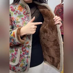 Autumn Winter Floral Print Cotton Coat Women Fleece Warm Jacket Parkas Long Sleeve Single Breasted Design Windproof Outerwear