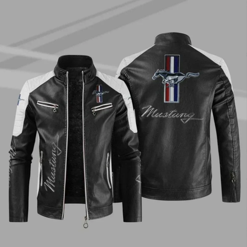 Leather Jacket Mustang Logo Men Winter Fleece Motorcycle PU Leahter Jacket Male Stand Collar Casual Windbreaker Ropa De Hombre S