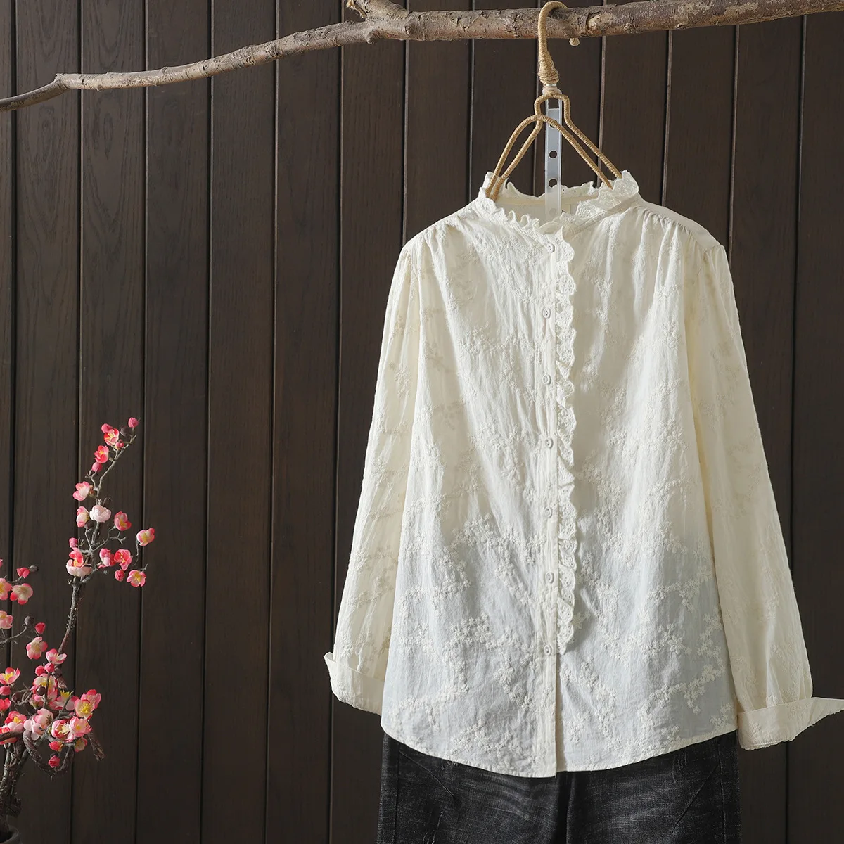 Mori girl style vintage stand collar cotton white beige embroider ruffled shirts Long sleeve blouses autumn women\'s clothes