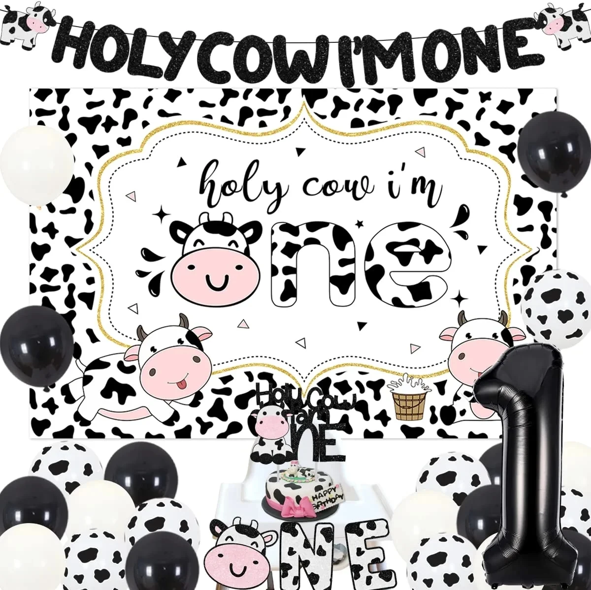 

JOYMEMO Farm Cow 1st Birthday Party Decorations for Kids Holy Cow I'm One Backdrop Banner Cake Topper Number 1 Balloons Supplies