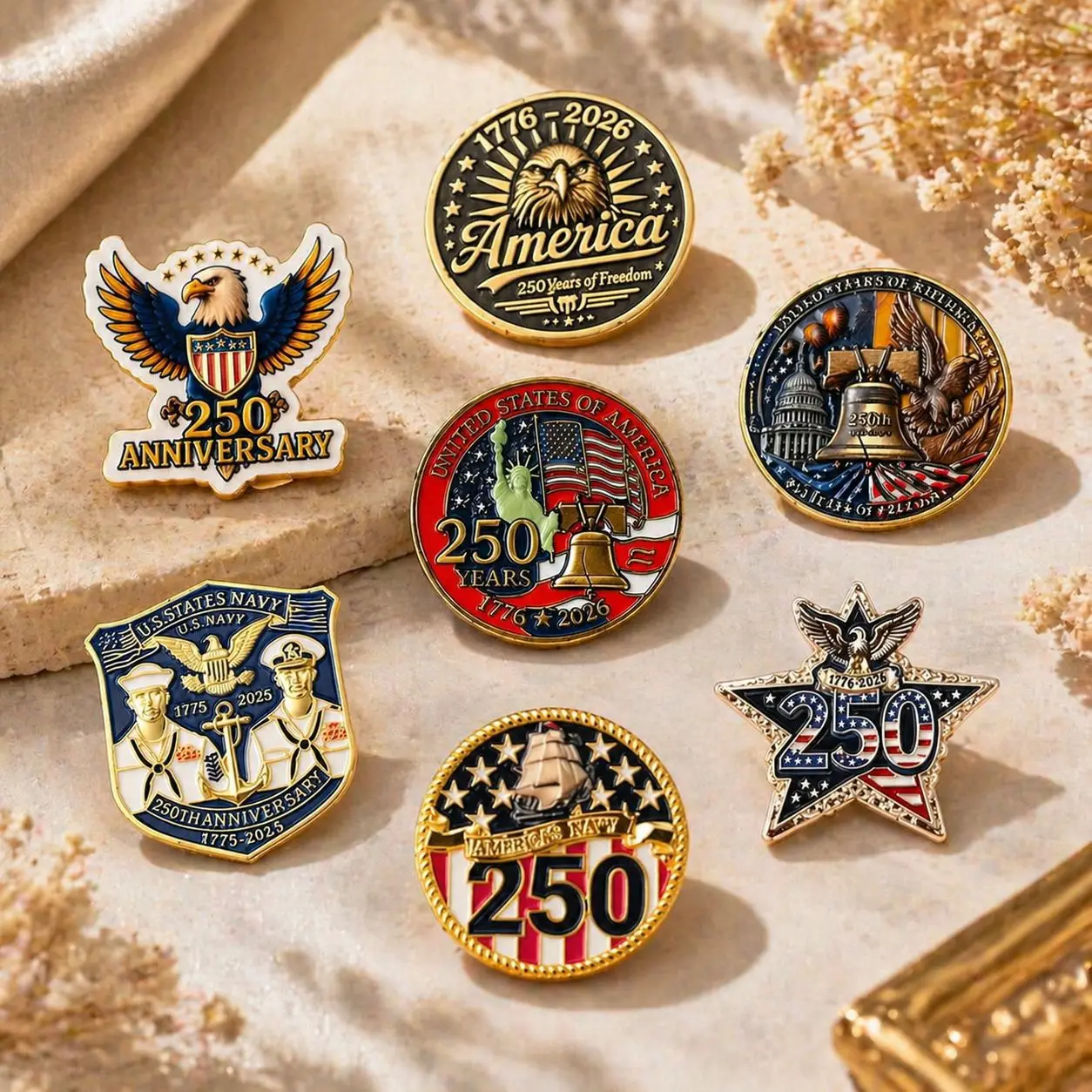 1PC 7PCS/SET 250th Anniversary of America Enamel Pins USA Patriotic Lapel Pins with Eagle Statue Pins for Backpack Jacket Hat