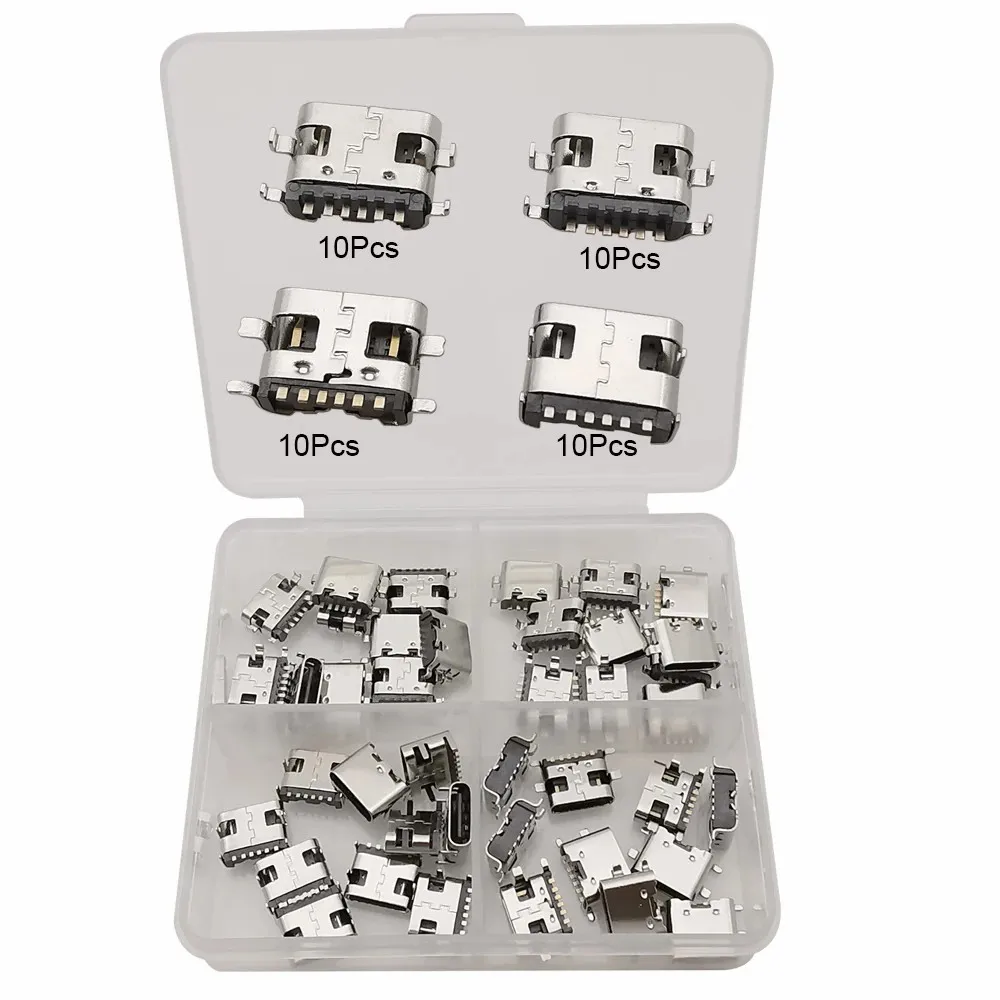 40 Stücke 4 Modelle Micro USB 5Pin/Typ C 6Pin 16Pin Weibliche Jack Stecker SMD DIP Buchse Telefon lade Port DIY Reparatur Adapter – Detail 2