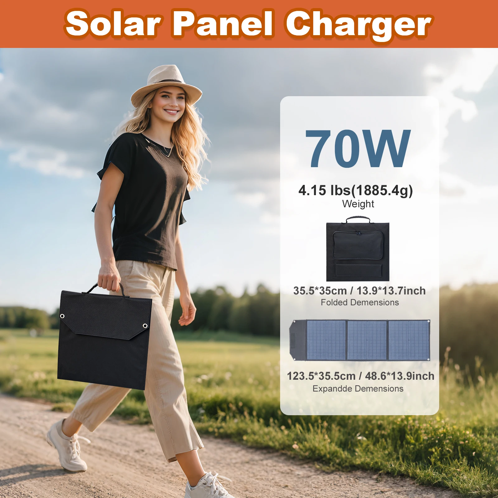 

70W Foldable Solar Panel. Portable lightweight Solar Panel. USB-A and Type-C Solar Charger.output DC5521,35135,7909,5525