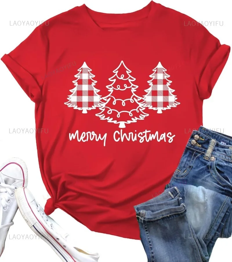 Christmas Tree Shirt for Women Merry Christmas Printed T-Shirts Short Sleeve Holiday Tee Xmas Gift Tops Pure Cotton T-shirt