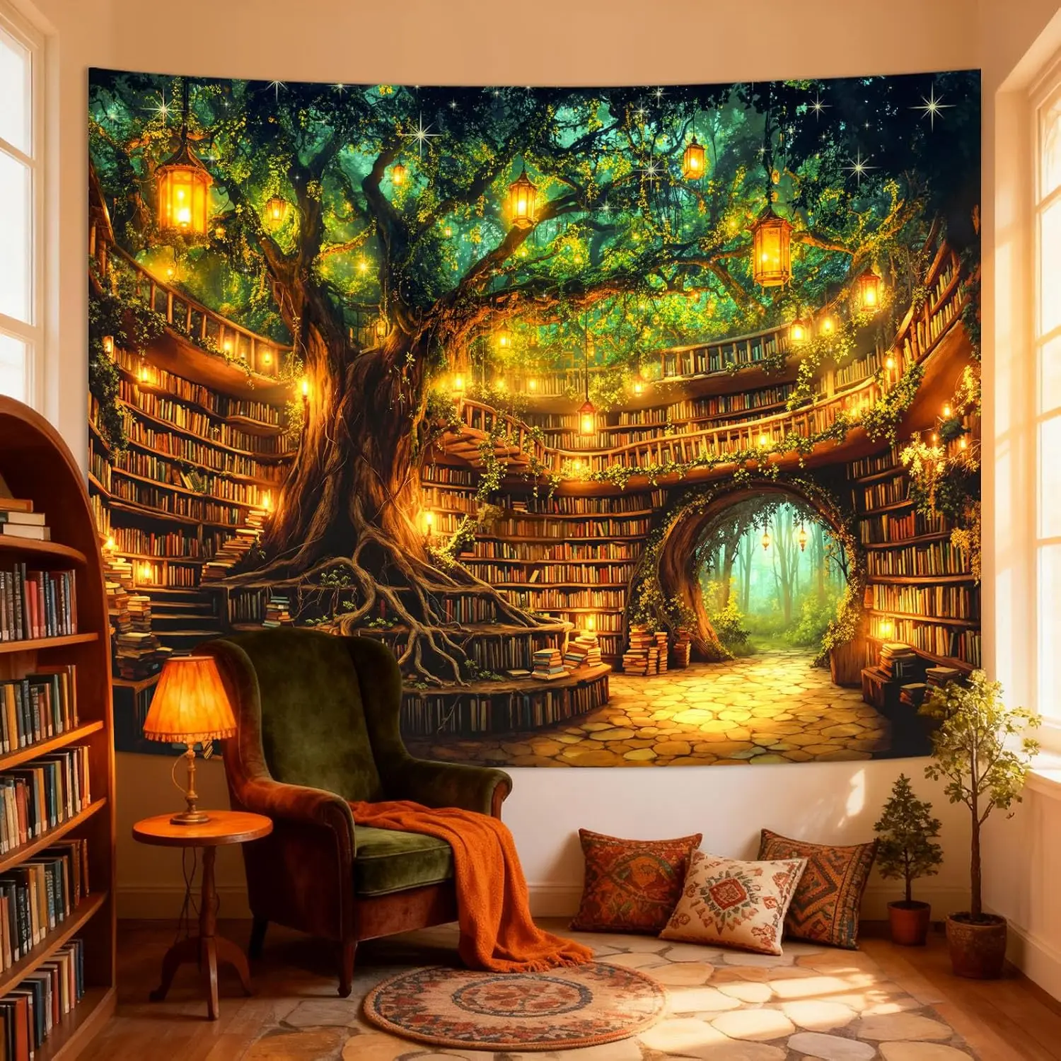 Tapisserie murale grande taille avec motif bibliothèque forestière magique et étagère d'arbre enchantée, pour chambre à coucher, bureau, décoration esthétique de la maison