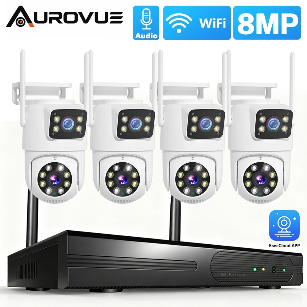 Image of 16-Kanal-WLAN-NVR-Sicherheitskamerasystem, 8MP-Doppellinsen-PTZ-Kameras, Zwei-Wege-Audio, Bewegungserkennung, Vollfarb-Nachtsicht, IP66-Außenschutz, EseeCloud-App, Fernzugriff, kabelloses