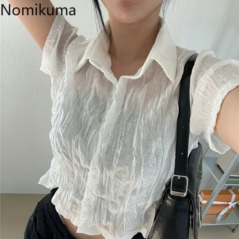 Nomikuma Crop Top Summer Turn Down Collar Pleated Hollow Out T Shirt for Women Vintage Harajuku Fashion Sexy Y2k Streetwear