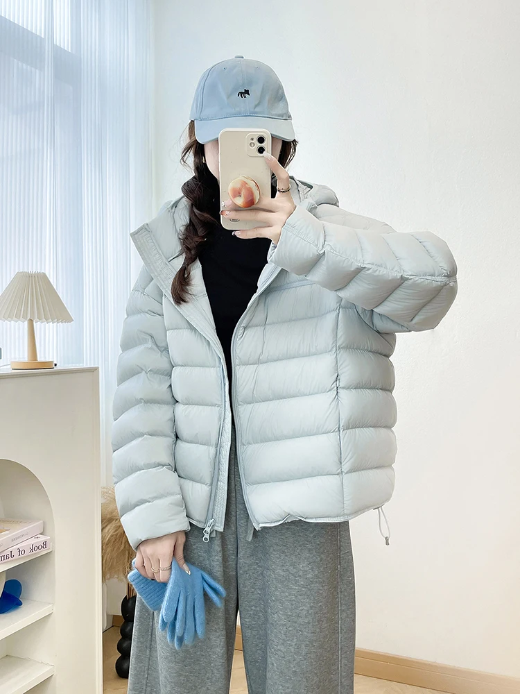 Winter Lightweight Hooded Spare Ribs Down Jacket Female Double Zipper Warm Parker Jacket Women White Duck Down Quilted Outwears