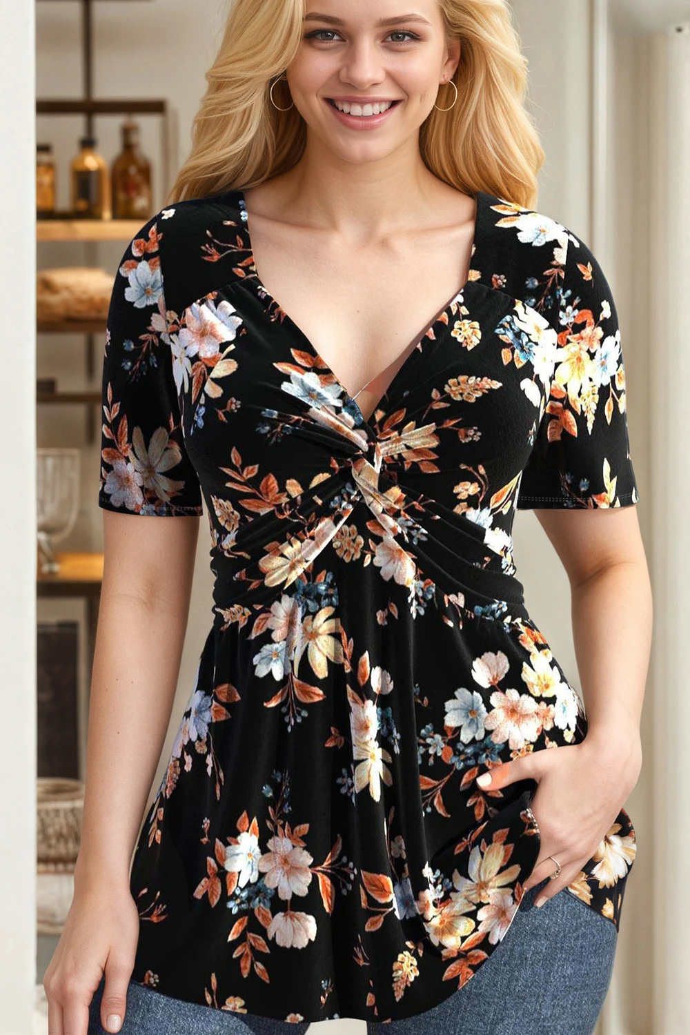 

Floral Plus Size T shirt Short Sleeve V-Neck Knot Front Casual Vintage Summer Tee Tops 2025 Elegant Office Lady t shirt