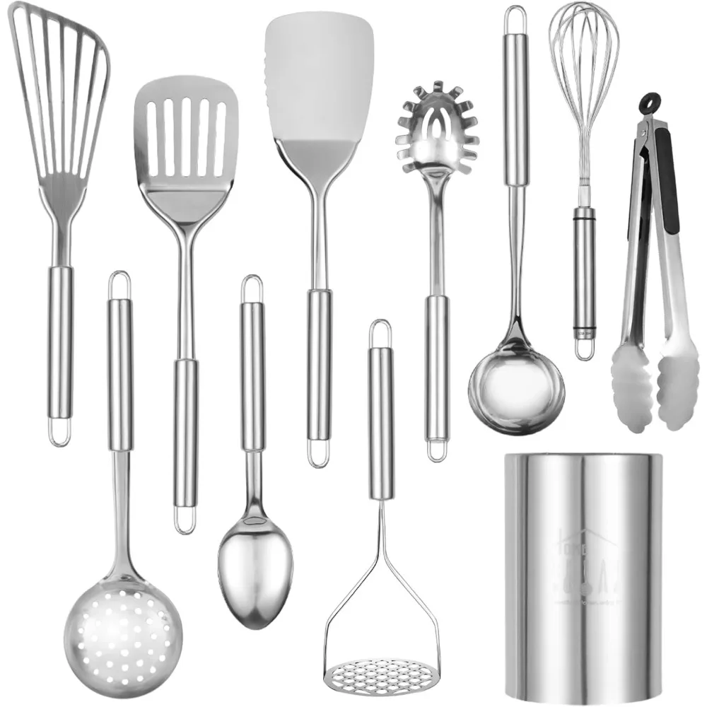 

stainless steel cooking utensils set - 11pcs kitchen utensils set with holder for cooking, stainless steel utensils set with po