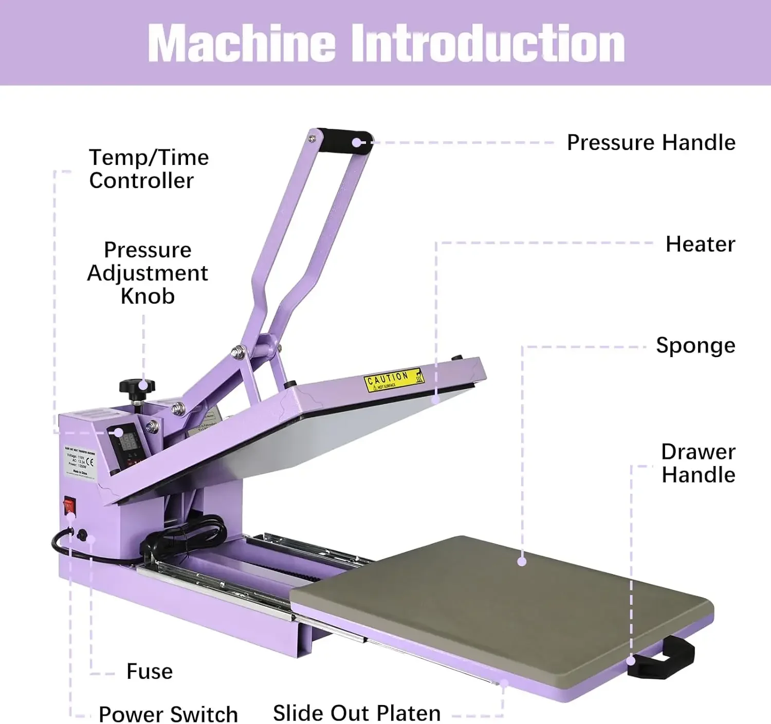 PlanetFlame Sublimation Heat Press, Máquina de Transferência de Calor para T-Shirt, Roxo, Qualidade Industrial, 15x5 Polegada