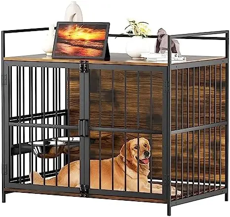 Furniture Style Large Dog Crate with 360° & Adjustable Raised Feeder for Dogs 2 Stainless Steel Bowls -End Table House