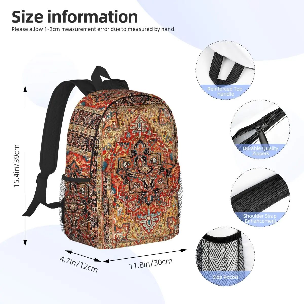 Heriz Persian Carpet Print Backpack Student Boys Girls BookBag Men Women School Bag Computer Shoulder Bags