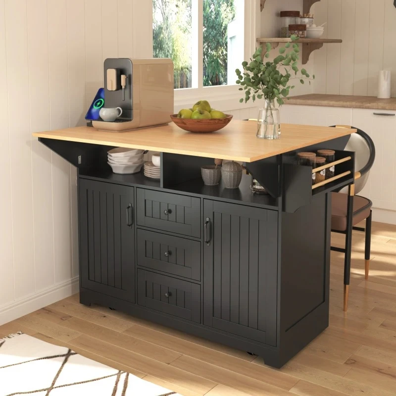 

55.7'' Large Kitchen Island with 2 Drop Leaf,, Rolling Kitchen Cart on 5 Wheels with Power Outlet, Folding Storage Dining Table