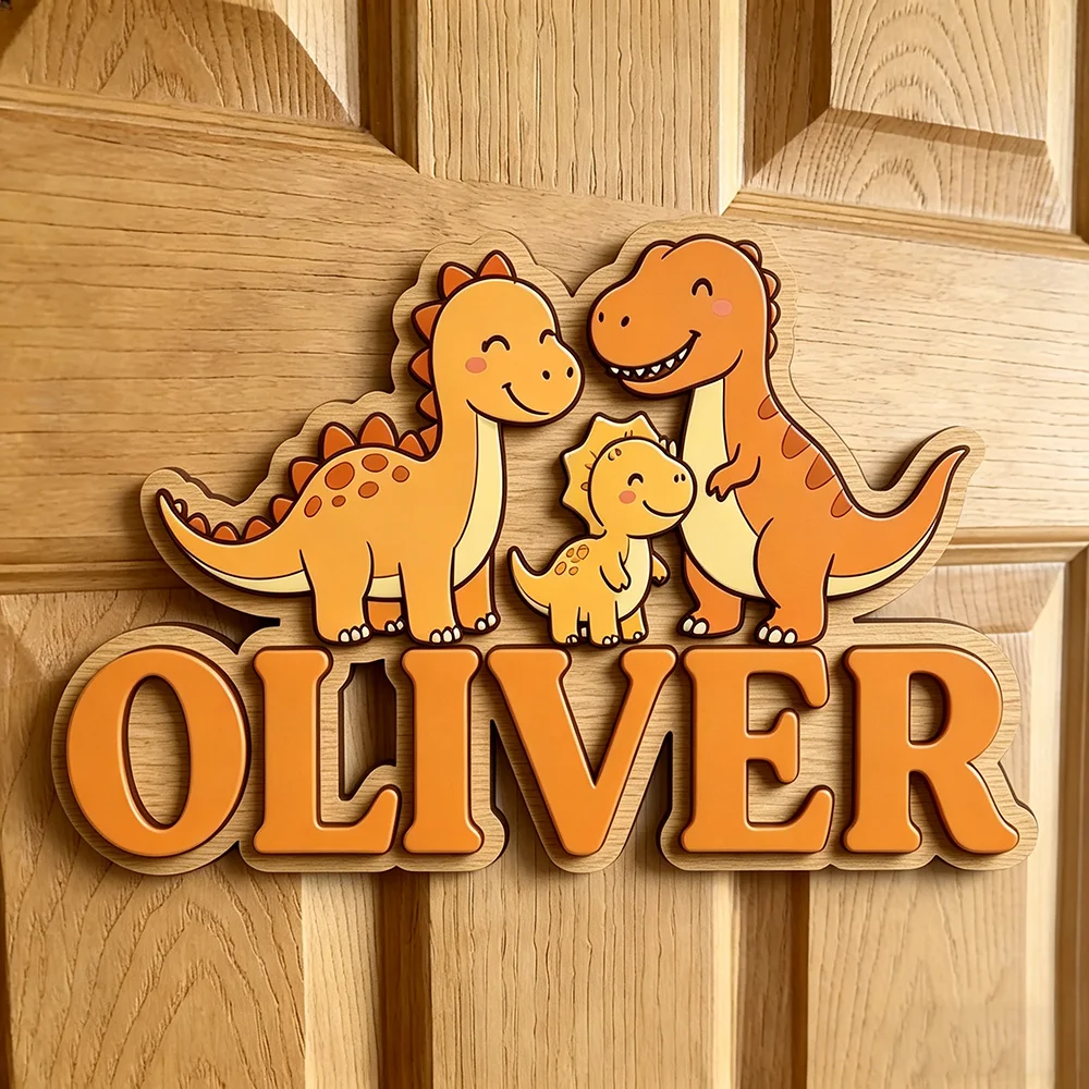 Personalized Dinosaur Family Name Sign, Wooden Nursery Decor with 3 Dinosaurs, Cute Kids Door Plaque, Unique Family Gift