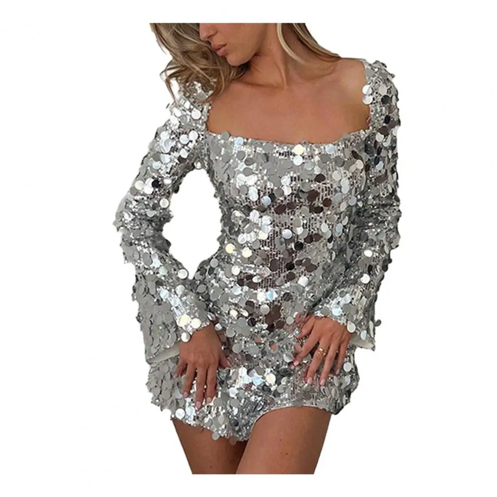 

Dress Sequin A-Line Dress Long Sleeve Fashionable Sequined Splicing Details Backless Mini Skirt Dress dress women 2023