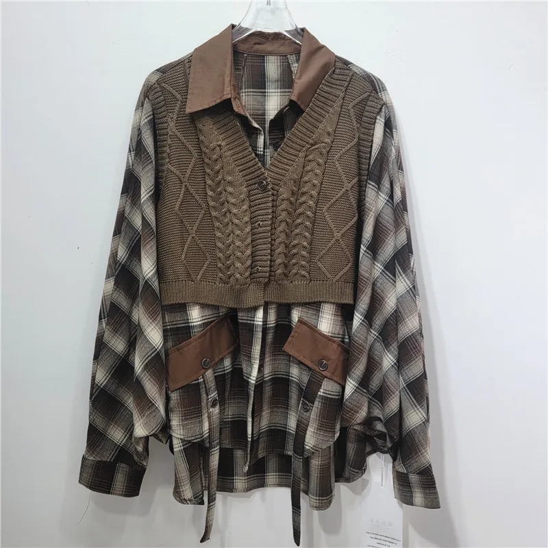 GetSpring Women Shirt 2024 Autumn Winter Knitted Stitched Plaid Ladies Blouse Fashion All Match Loose Fake Two Long Female Tops