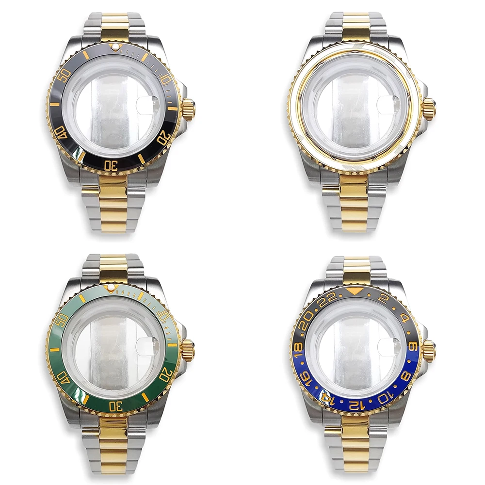 

40 мм двухцветный серебристый золотой дайверский мужской ремешок для часов, корпус из минерального стекла, подходит для механизма NH35 NH36 8215 GD2813 GD3804