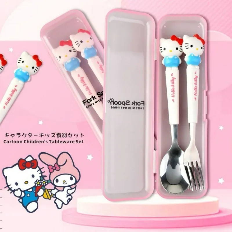 New Anime Sanrio Hello Kitty Kuromi Cinnamoroll Spoon Fork Kawaii Two-piece Tableware Set Portable Cute Dining Out Dining Spoon