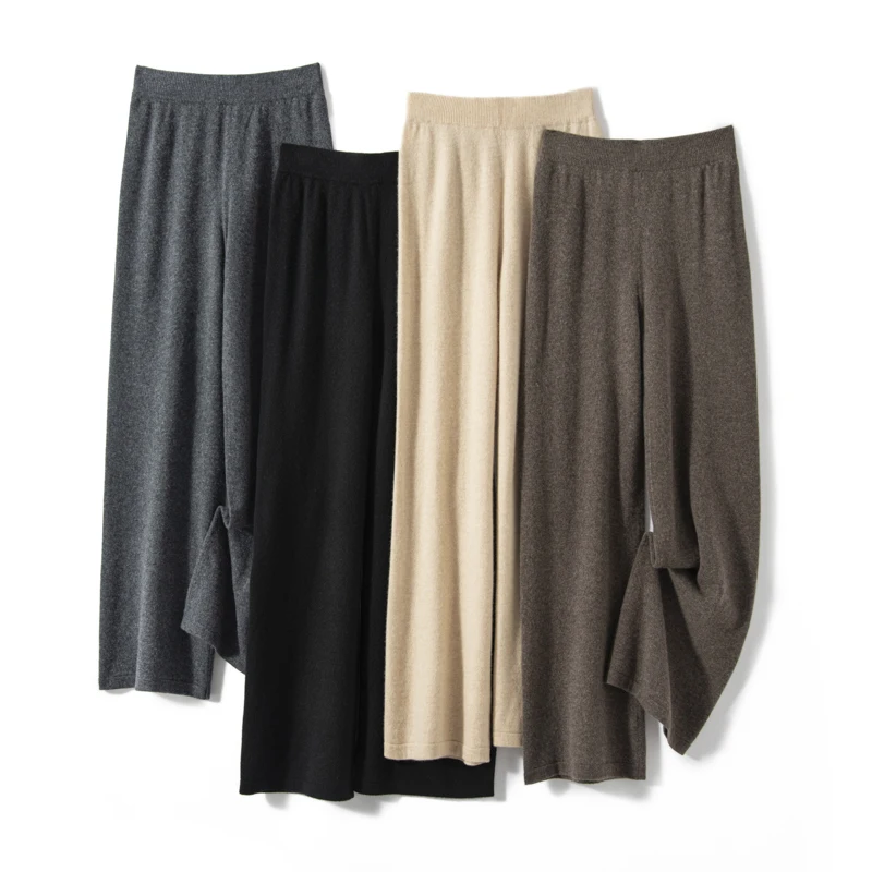 New Cashmere Wide-Leg Pants In Autumn And Winter Women's Loose And Casual High Waist Straight Elastic Waist Knitted Trousers