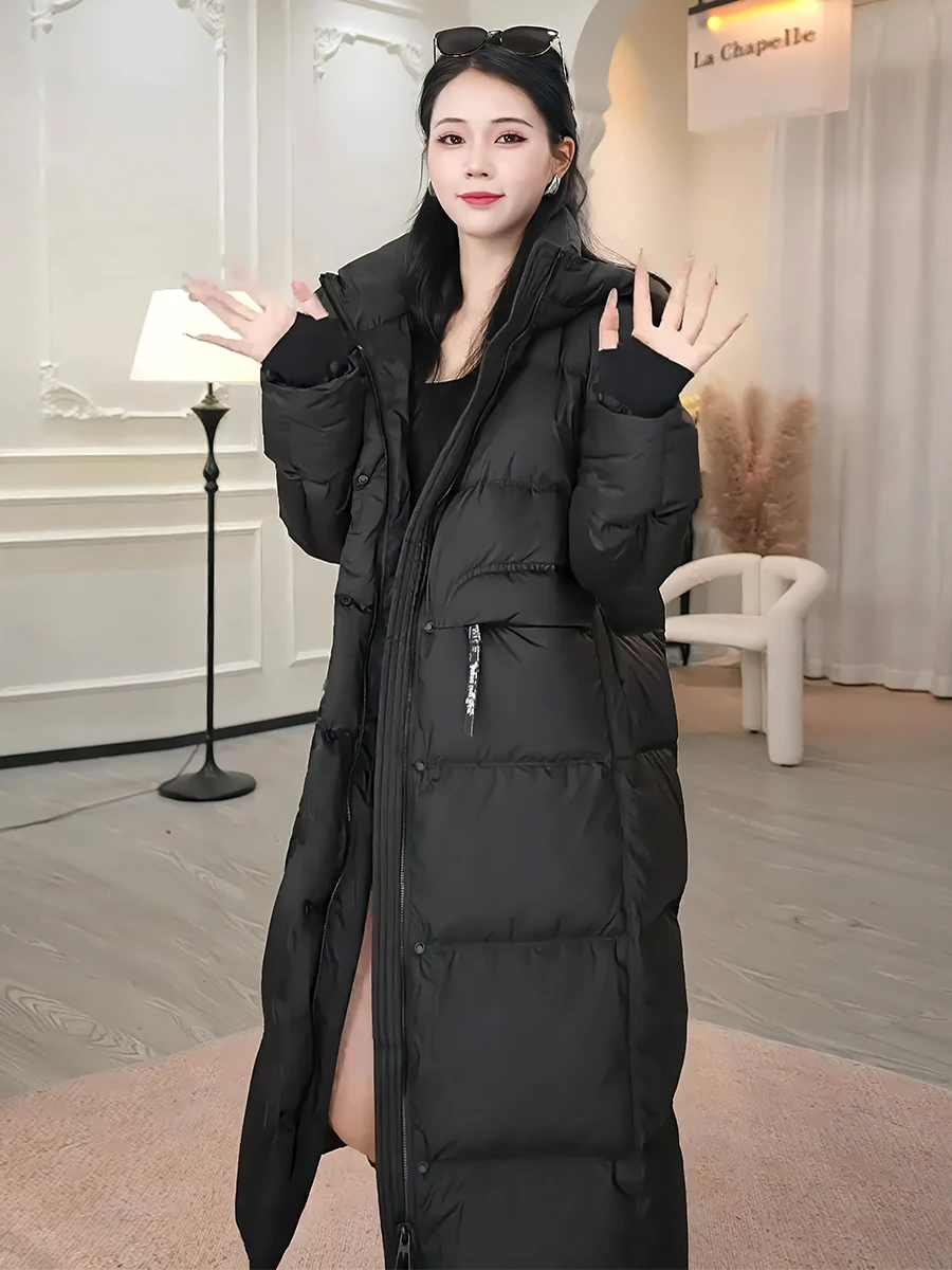 เสื้อโค้ทยาวแฟชั่นลำลองระดับไฮเอนด์สีขาว  แบบพัฟเฟอร์  สำหรับผู้หญิง  ทันสมัย  มีฮู้ด  คอตั้ง  สำหรับฤดูหนาว  สินค้ามาใหม่