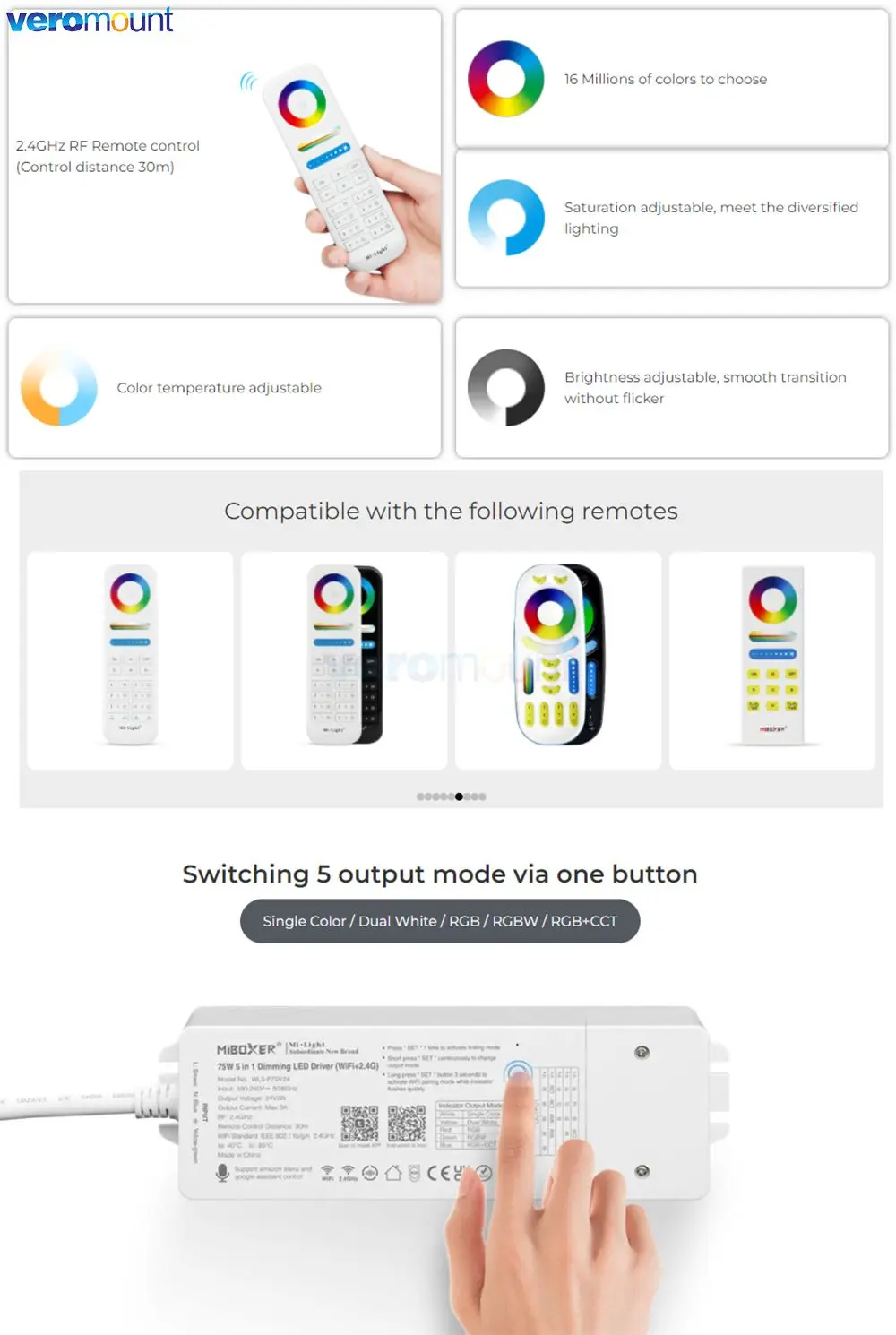 MiBoxer AC 110V 220V to DC 24V 75W WiFi 2.4G Remote Control Dimming LED Driver Single Color/Dual White/RGB/RGBW/RGBCCT LED Strip