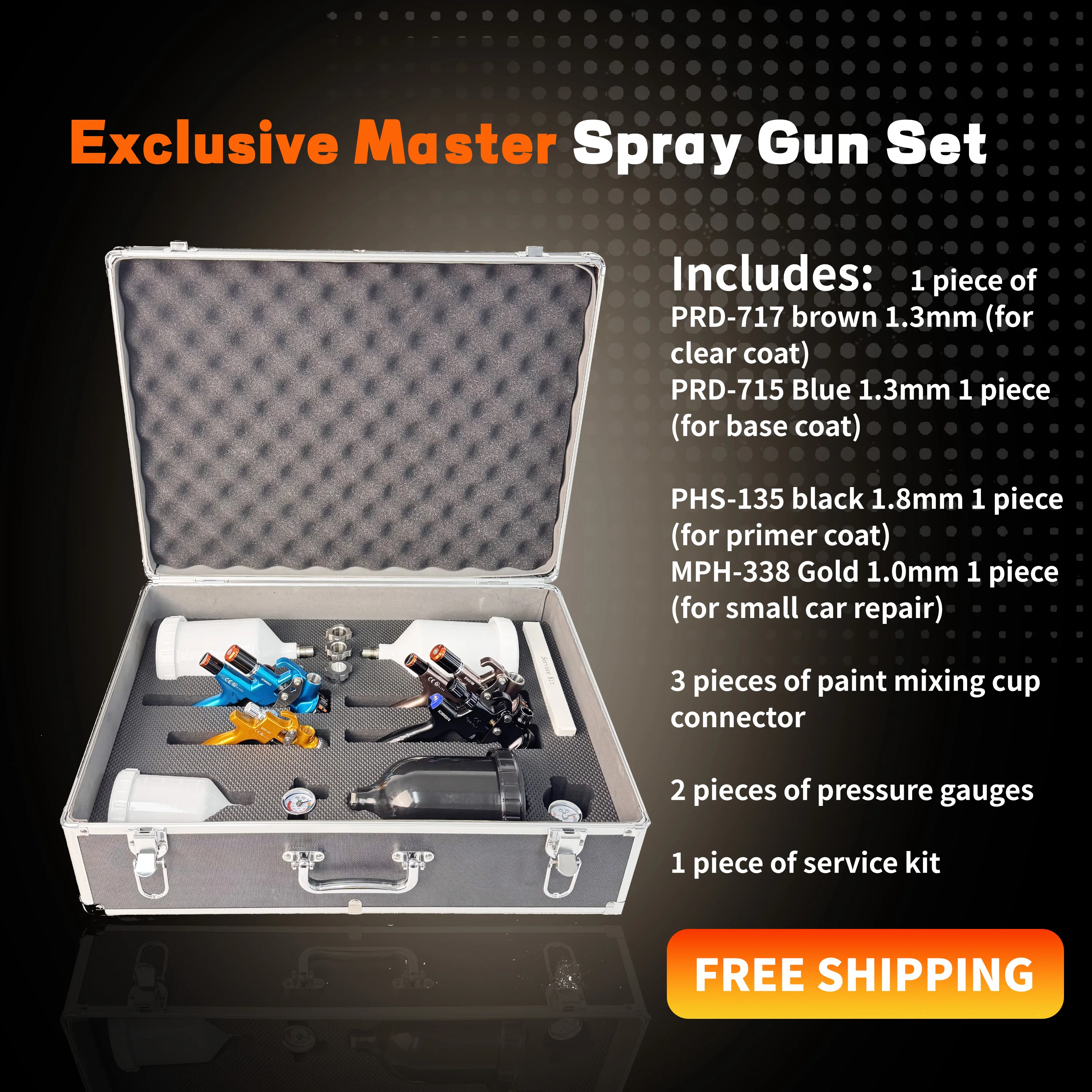 PORPHIS Professional Spray Gun Kit - PRD-717/715/PHS-135/MPH-338 (1.0/1.3/1.8mm) for Auto Painting Furniture Coating
