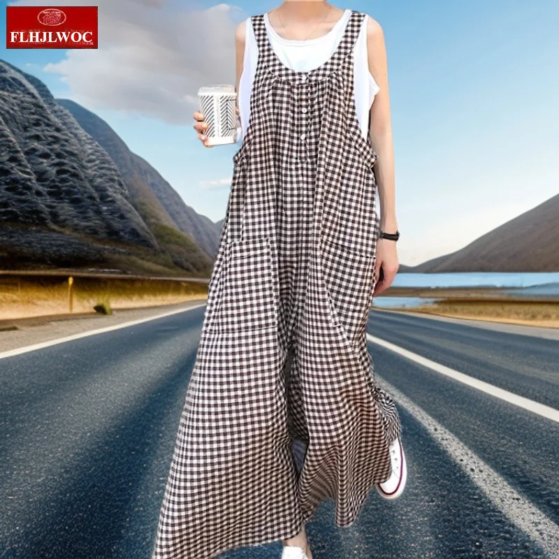

Loose Clothes Wide Leg Pants 2025 Summer New Korea Japan Cute Sweet Girls Pockets Sleeveless Black Striped Casual Jumpsuit