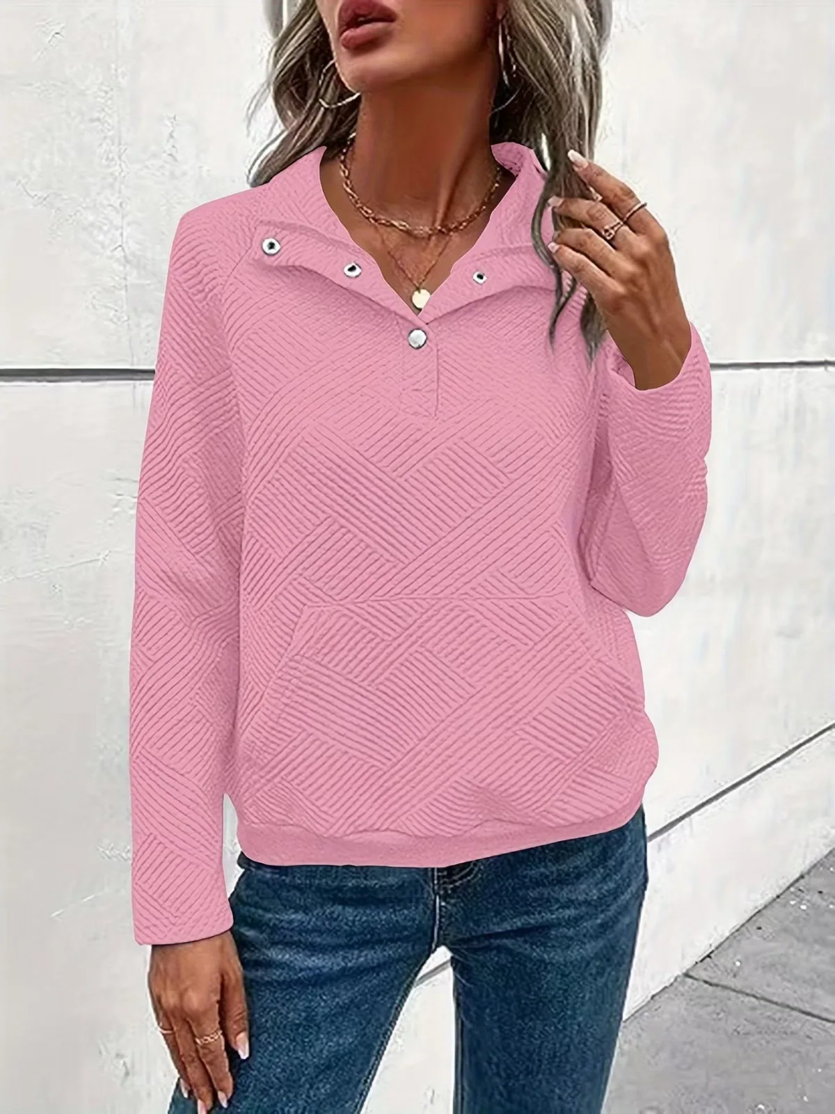 Neues Sweatshirt mit aufgesetzter Tasche, Knopfleiste und Revers, lässiges, lockeres Sweatshirt mit Rag-Shoulder-Langarm