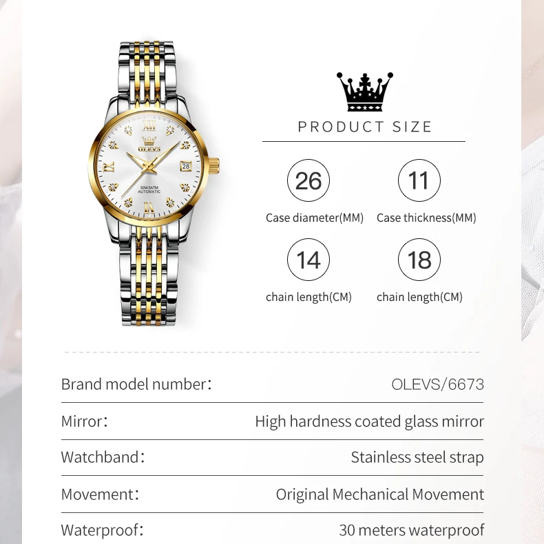 OLEVS 6673 zegarek mechaniczny okrągły zegarek ze stali nierdzewnej świecący kalendarz