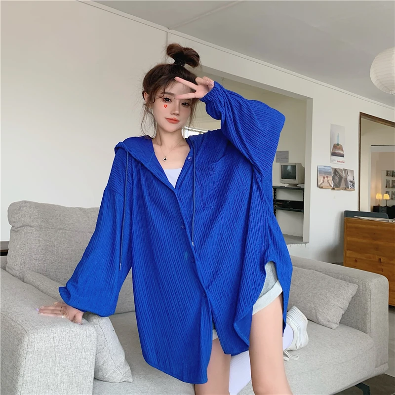 Women's Clothing Blue Sunscreen Shirt Outwear Single-breasted Slim Hooded Blouse Korean Fashion Vintage Leisure Coat Blouse Tops