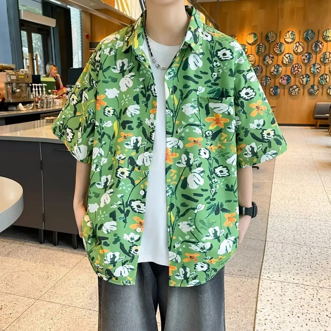 

Korean Fashion Printed Casual Short Sleeved Shirt for Men's Summer Thin and Loose Hawaiian Shirt Y2k Beach Holiday Men Clothing