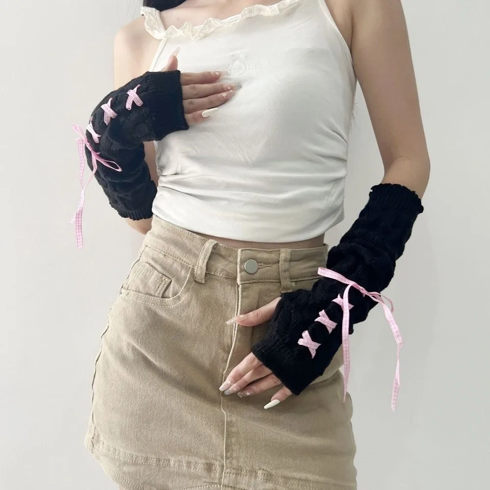 

Модные длинные теплые перчатки, вязаные морозостойкие теплые перчатки без пальцев с лентой, женские перчатки