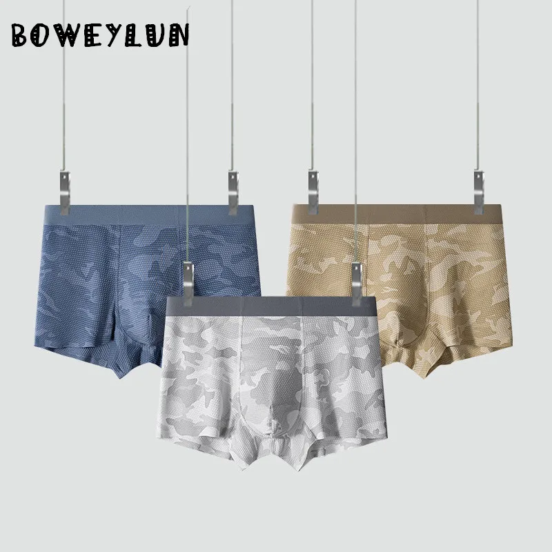 

BOWEYLUN новый стиль ледяной шелк Cool-Touch мужское нижнее белье летние камуфляжные сетчатые бесшовные трусы-боксеры со средней талией для мужчин