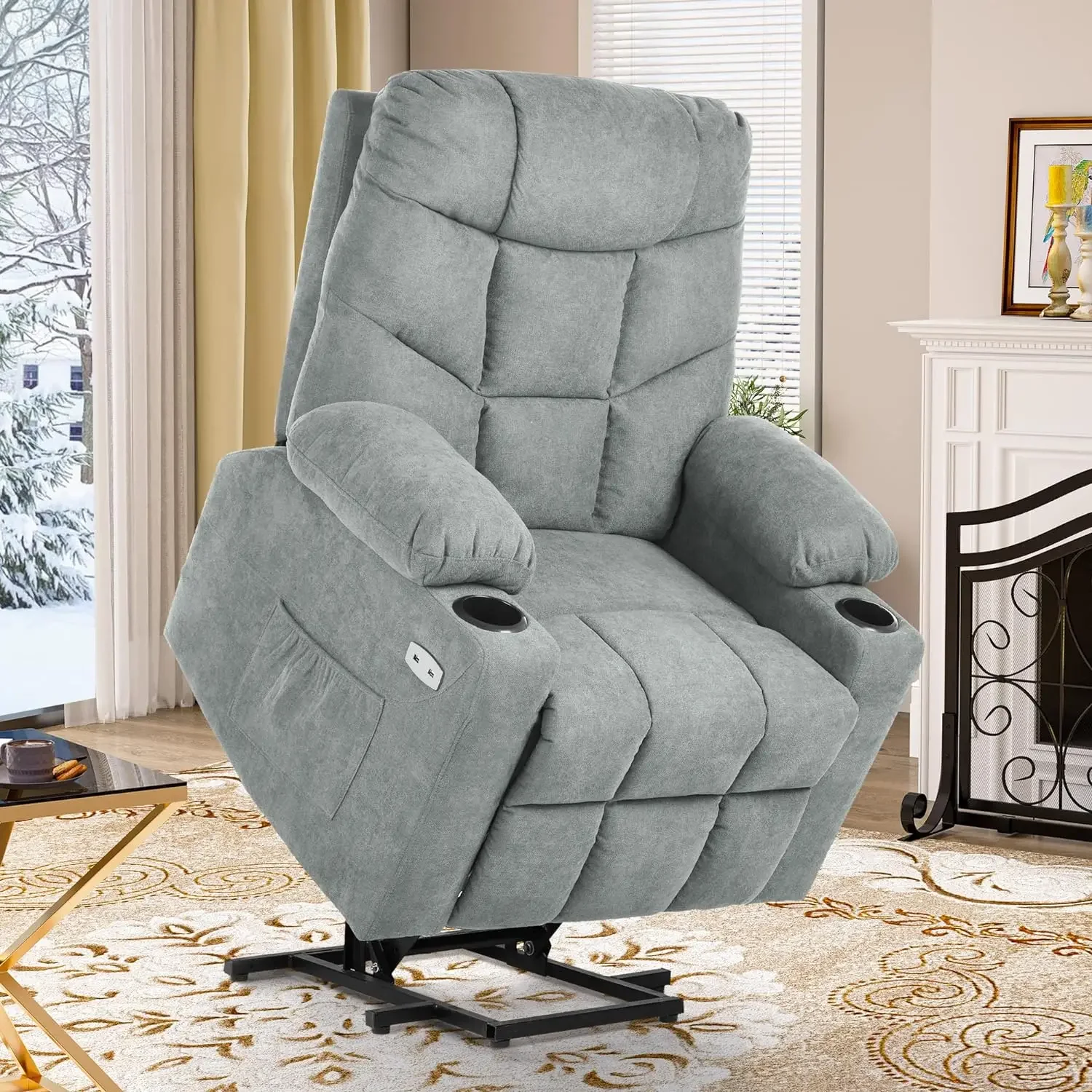 

Electric Power Lift Recliner Chair for Elderly, Fabric Recliner Chair with Massage and Heat, Spacious Seat USB Ports Cup Holders