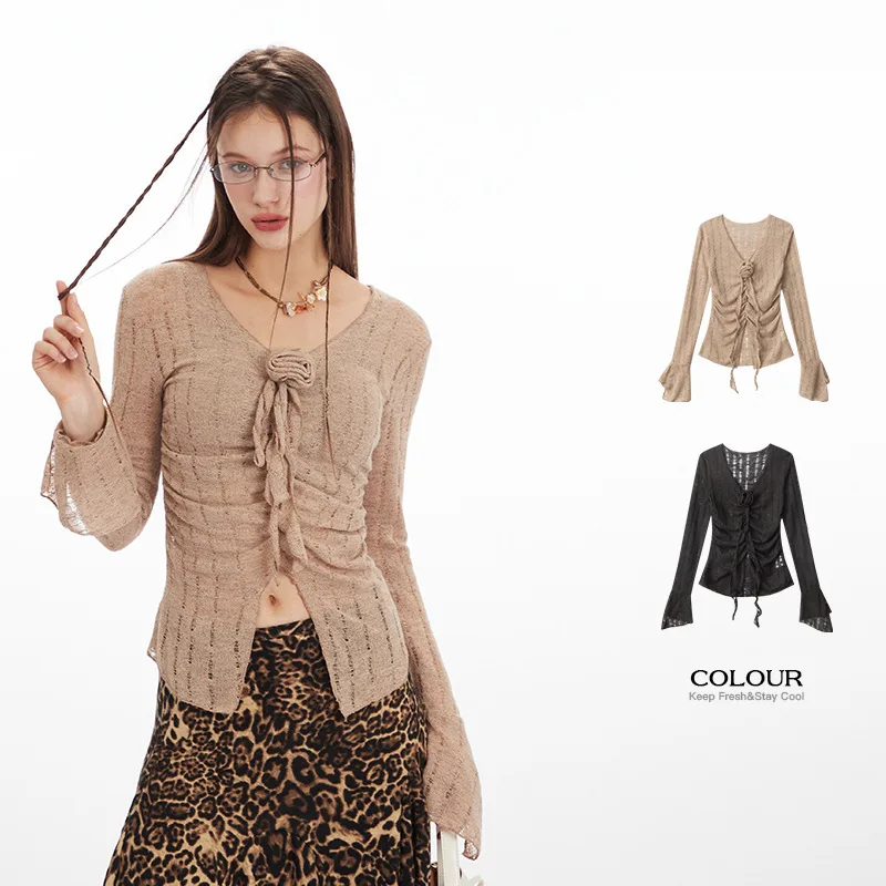 

Sexy Cutout Long Sleeve Top for Women New Slim Fit V Neck T Shirt with Drawstring Short Crop Style