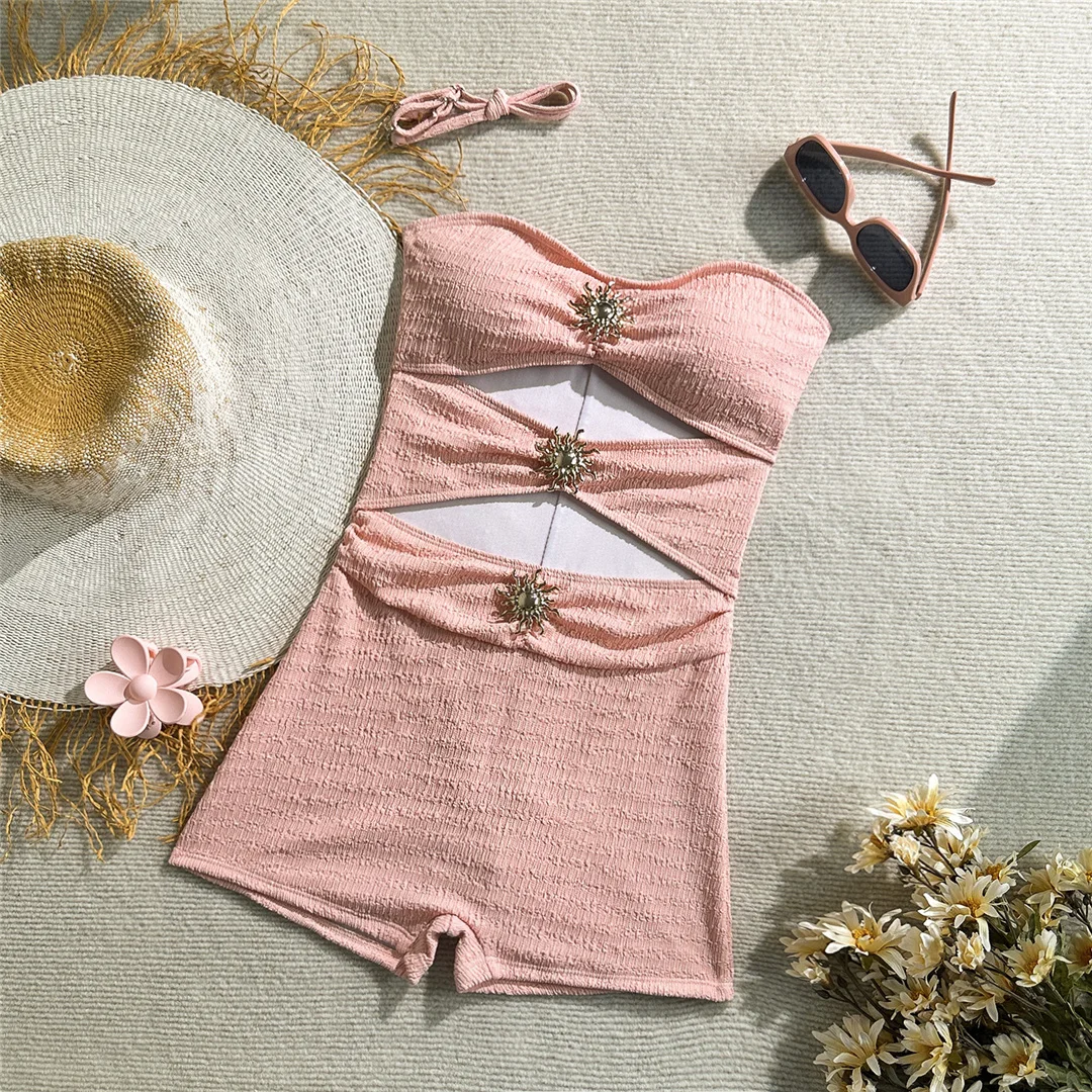 2026 Geraffter, ausgeschnittener Damen-Badeanzug, einteiliger Badeanzug, gepolsterter Monokini-Shorts-Badeanzug, Badebekleidung, Badeanzug V7824 – Detail 10
