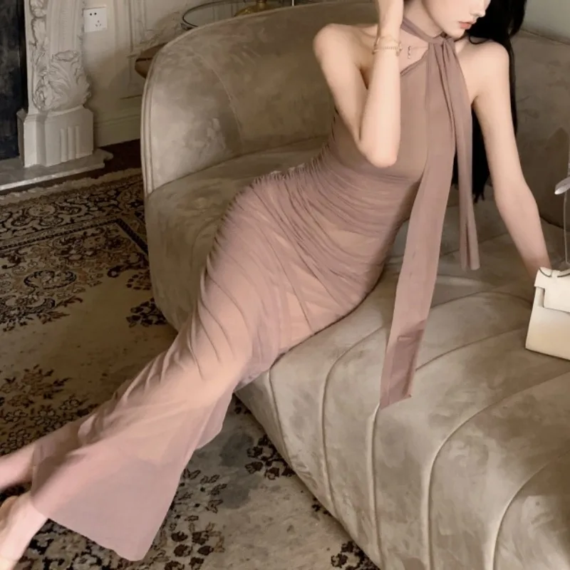

Women Summer Elegant Office Lady Bodycon Waist Up Folds Halter Dress French Vintage Y2k Dress Korean Retro Fashion Clothing