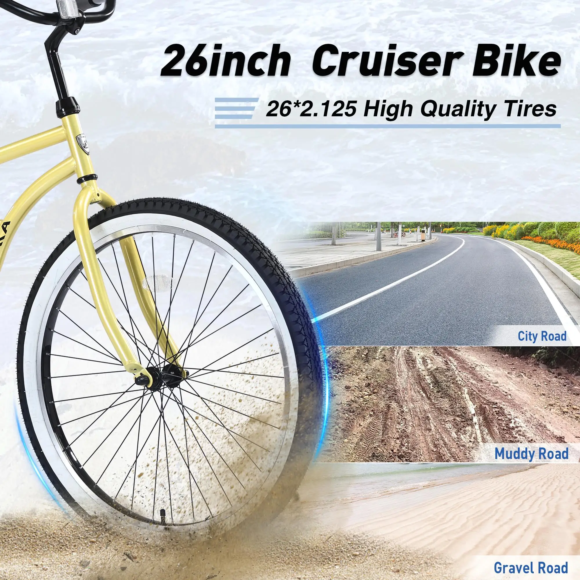 26 Women's Beach Cruiser Bike - Steel Frame, Wide Wheels for stability , Rear Coaster Brakes, Multiple Colors