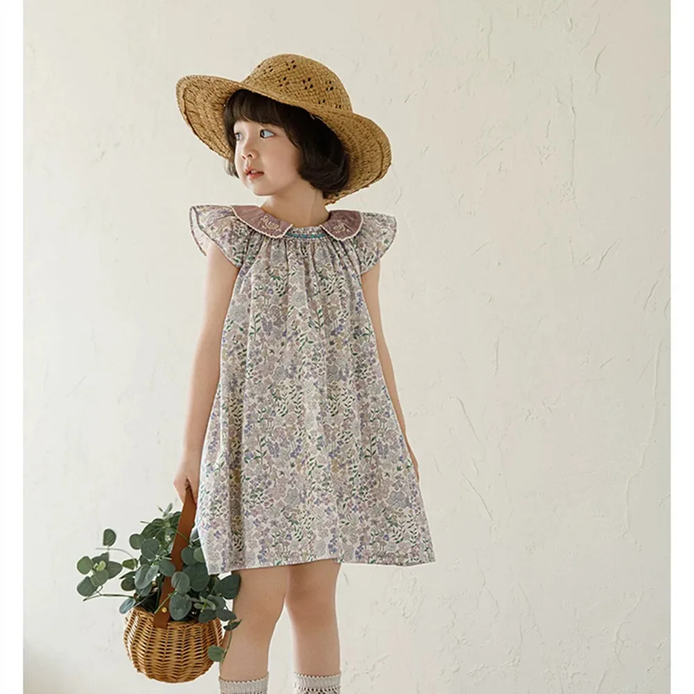 baby girl clothes kids cotton dress Forest style purple floral pattern Flying sleeve dress Summer Princess Dress