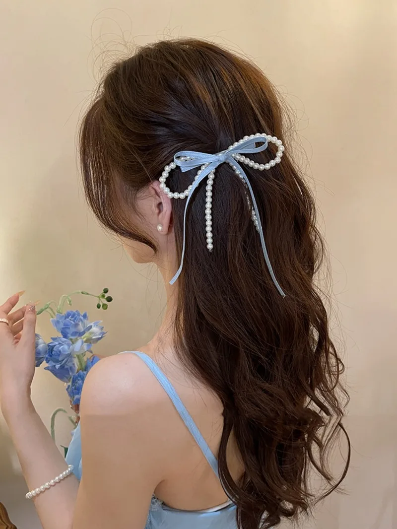 Elegant Pearl Streamer Bows Hair Clip for Women Ponytail Hairpin Duckbill Clip Pearl Bowknot Hair Grips Barrettes Headdress