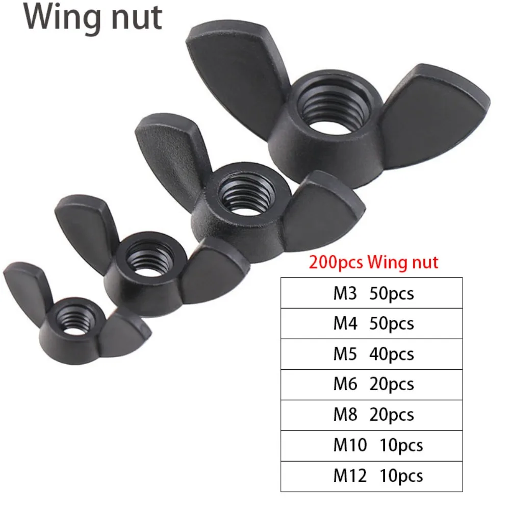 200 Piezas de Tuercas de Mariposa de Nylon Negro en 7 Tamaños M3 M4 M5 M6 M8 M10 M12 (Kit de Clasificación); Tuercas de Mariposa, Tuercas de Mariposa
