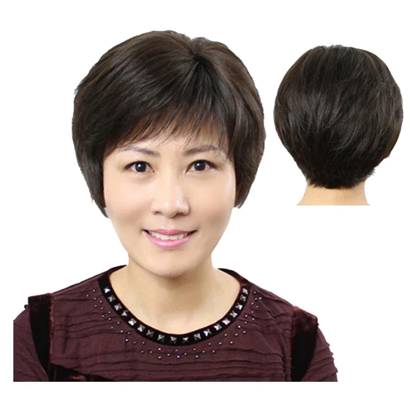 Short Straight Asian Wig Human Hair For Middle Aged And Elderly Women With Bangs Realistic And Comfortable Wig Natural Black