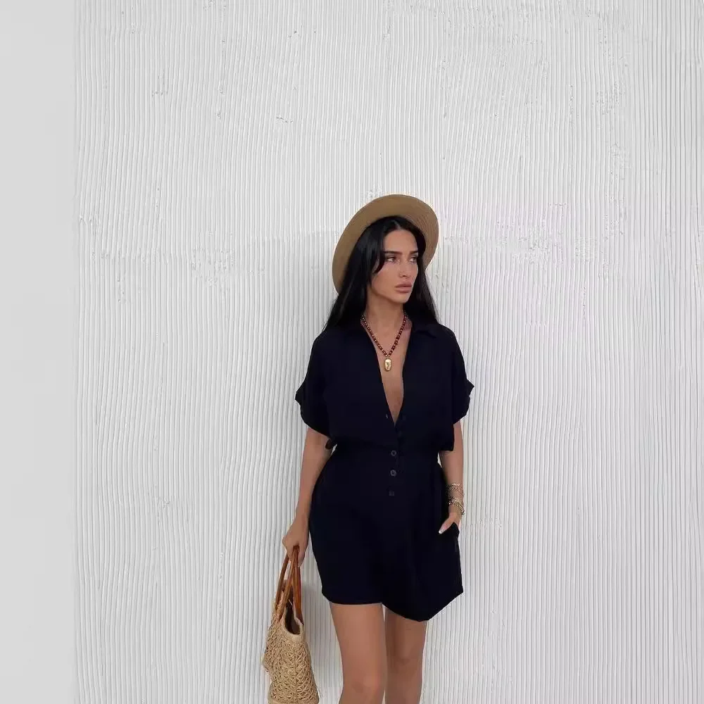 Europe and the United States hot selling women 2024 solid color short-sleeved casual loose one-piece shorts suit women