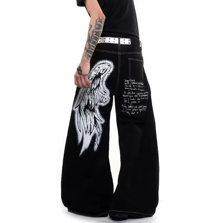 Men's White Letter Print Black Jeans Young Boys Casual Pants Street Style Sweatpants Male Straight High Waist Wide Leg Trousers