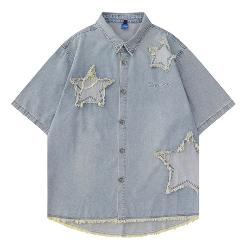 Men Streetwear Vintage Jean Ragged Star Patch Embroidery Cotton Summer Casual Harajuku Shirt Short Sleeve Wash Button Cardigan