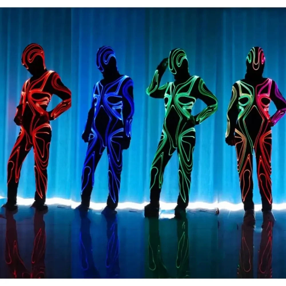 Stage Lights Club Outfits Show Costumes Neon Bodysuit LED Lights Fiber Optic Sexy Dance Jumpsuit Fluorescent Clothing Men Woman