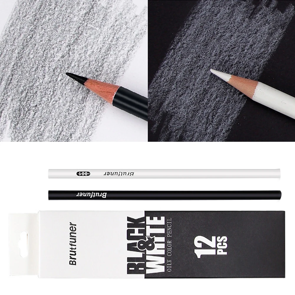 12pcs Black White Color Oil Based Pencil Drawing Sketching Artist Pencils Art Learning Painting School Stationery Supplies