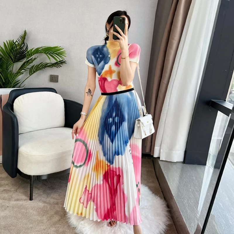 Women Fashion Printed Pleated Skirt Set Summer Elegant Lady Two Piece Set Casual Short Sleeve Top Skirt Suit Female Outfit