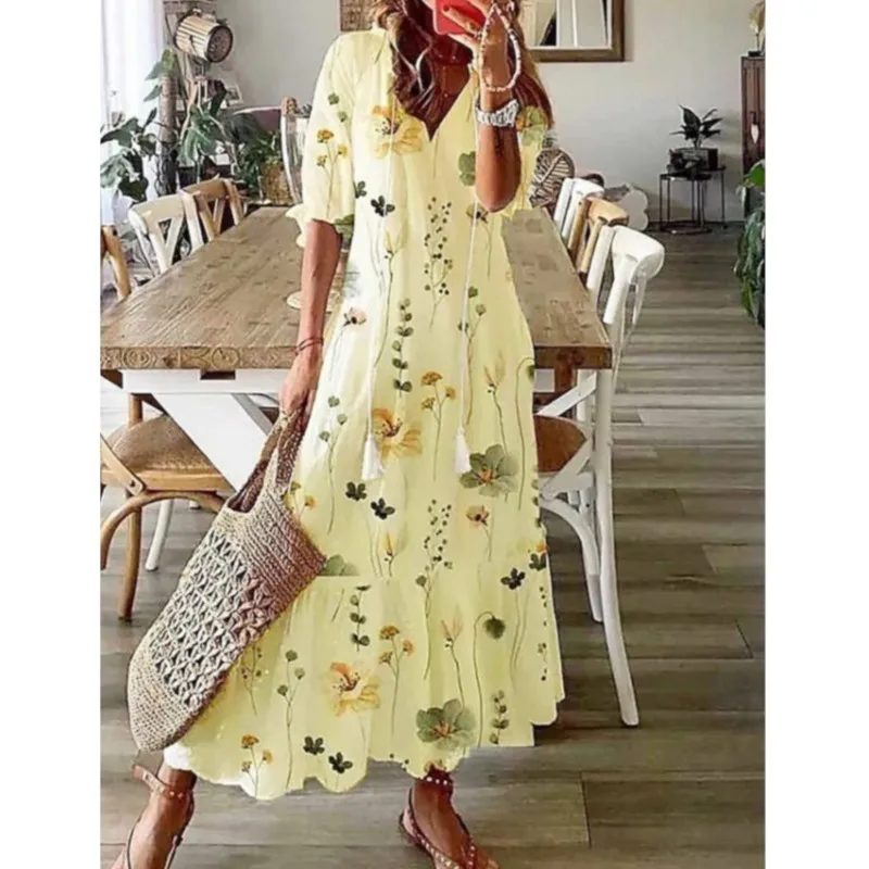 Vestidos largos bohemios con estampado elegante y cuello en V para mujer, vestido de fiesta con bolsillo para verano y primavera, Vestidos con volantes y media manga acampanada para otoño 2025